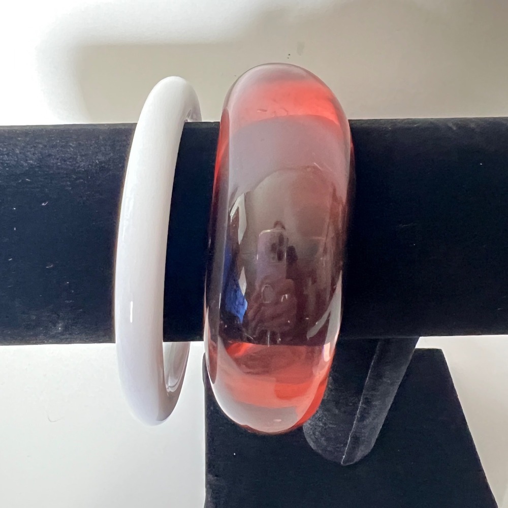 Vtg‎ Chunky Lucite Acrylic Bangle Set Translucent Asymmetrical Pink White Retro